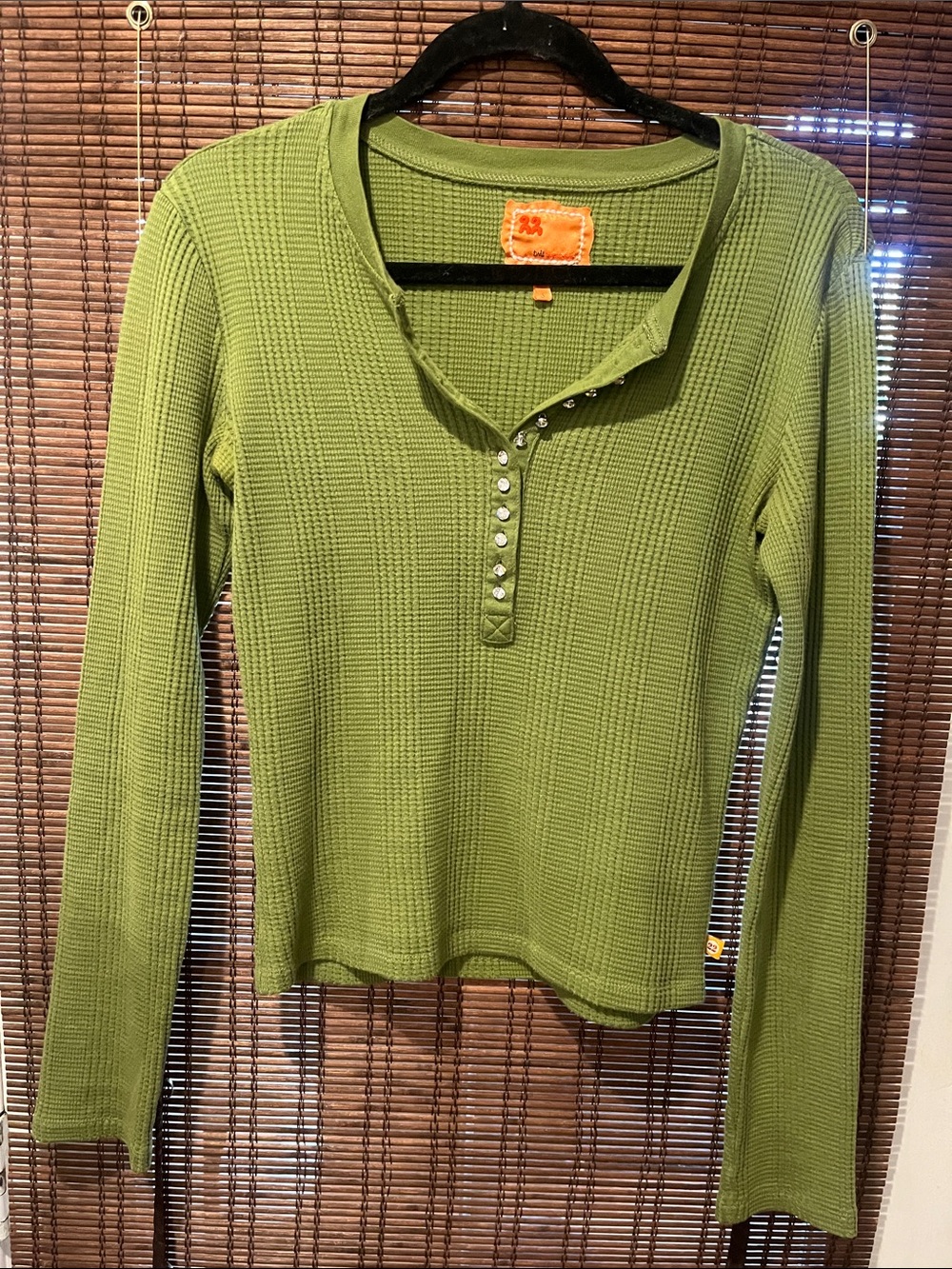 Green Waffle Knit Henley Long Sleeve Top